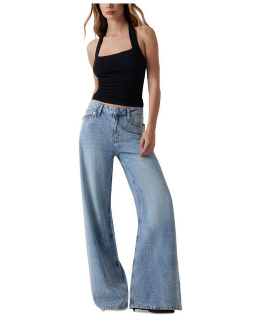Guess Blue Bellflower Shine & Sequins Wide-leg Jeans