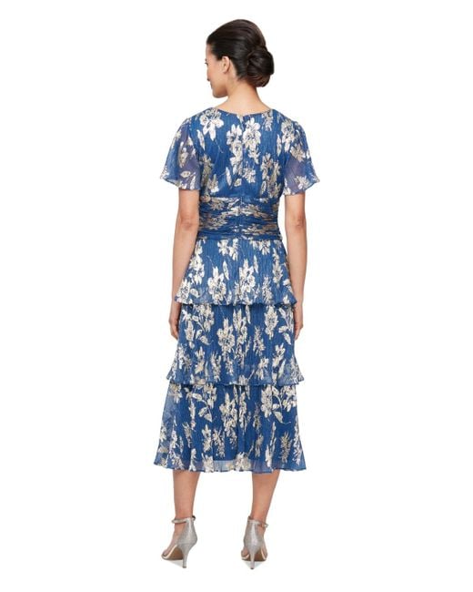 Sl Fashions Floral Surplice-neck Tiered Dress in Blue | Lyst
