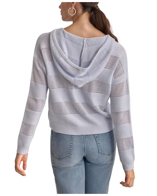DKNY Blue Pointelle Stripe V-neck Hooded Sweater
