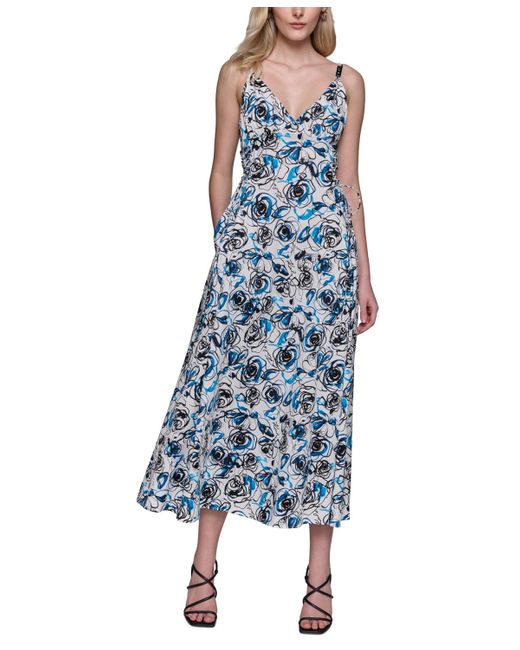 Karl Lagerfeld Blue Floral-print Lace-up Midi Dress