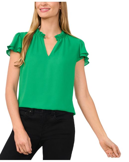 Cece Green Flutter-sleeve Blouse Keyhole Blouse