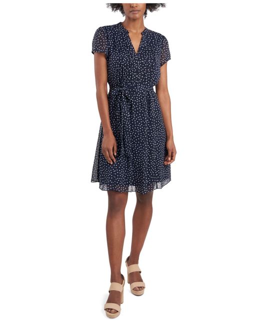 Msk Synthetic Petite Printed Pleated Fit & Flare Dress in Navy/White ...