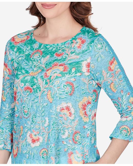 Ruby Rd Blue Petite Triopical Chevron Lace Sleeve Top