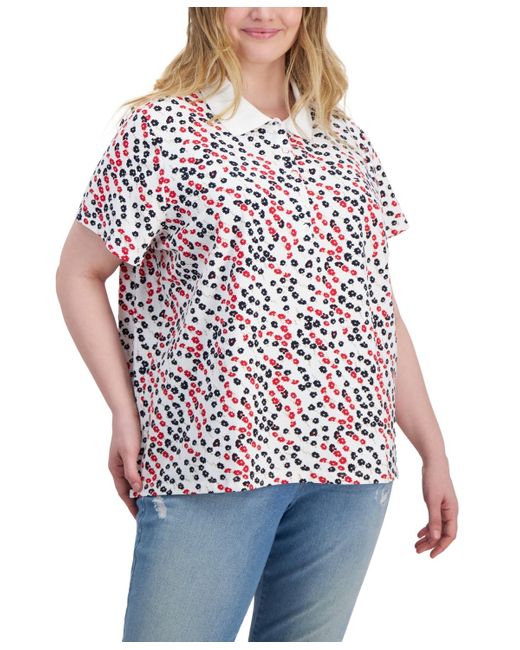 Tommy Hilfiger Red Plus Size Ditsy-floral Printed Polo Top