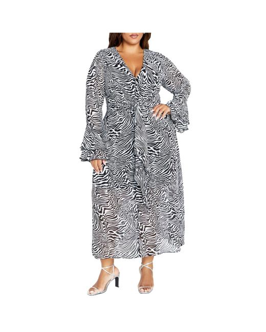 City Chic Gray Plus Size Plunge Frill Print Maxi Dress