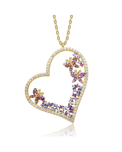 Genevive Jewelry Metallic Teens Sterling Silver 14k Plated Multi Colored Cubic Zirconia Heart Necklace