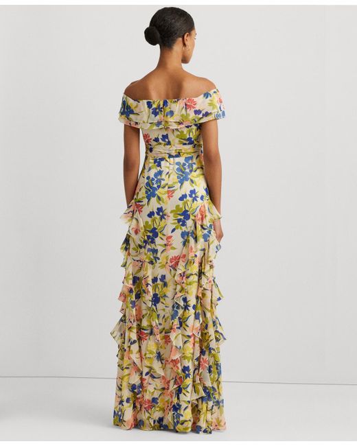 Lauren by Ralph Lauren Metallic Ruffled Floral Off-the-shoulder Gown