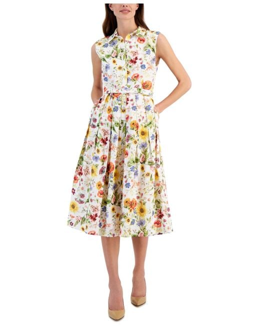 Tahari White Floral Printed Linen-blend Belted Fit & Flare Midi Dress
