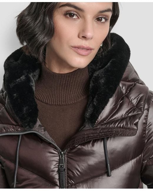DKNY Brown Shine Hooded Puffer Coat