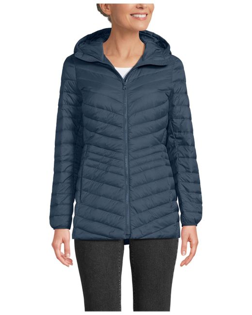Lands' End Blue Wanderweight Packable Down Hooded Long Jacket