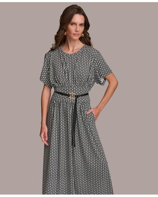 Donna Karan Gray Printed Belted A-line Dress