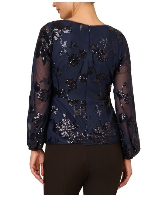 Adrianna Papell Blue Floral Sequined V-neck Top