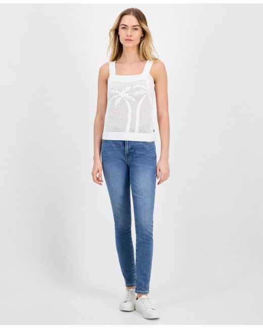 Nautica White Cotton Palm-tree Open-knit Sleeveless Sweater