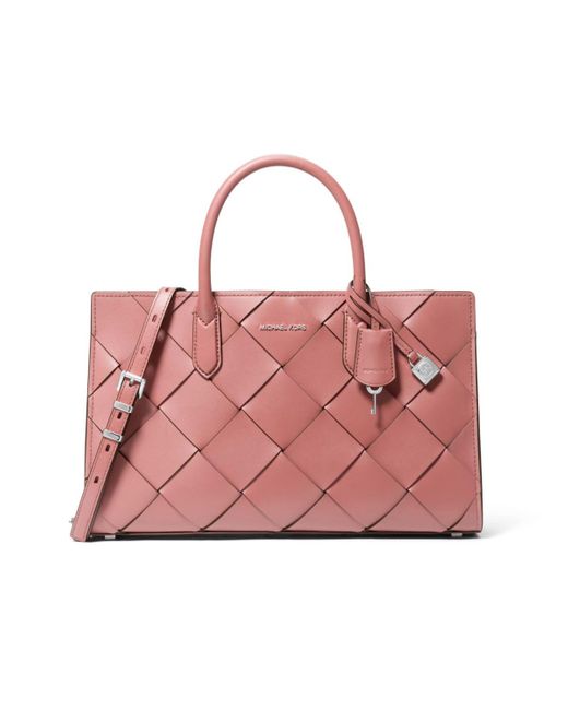 Michael Kors Pink Michael Scarlett Medium Woven Leather East West Satchel
