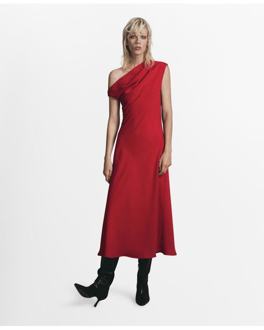 Mango Women's Red Asymmetrical Neckline A-line Dress