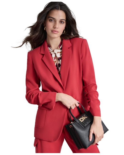DKNY Ruched sleeve One button Blazer in Red Lyst