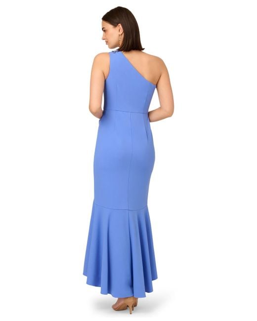 Adrianna Papell Blue Beaded One-shoulder Gown