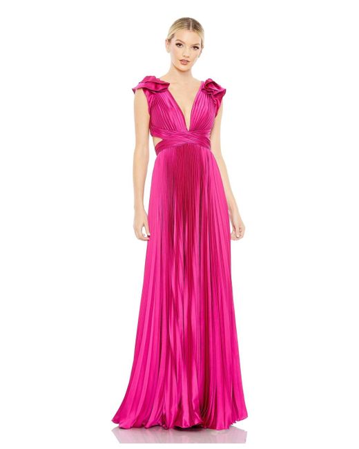 Mac Duggal Pink Ieena Pleated Ruffled Cap Sleeve Cut Out Lace Up Gown