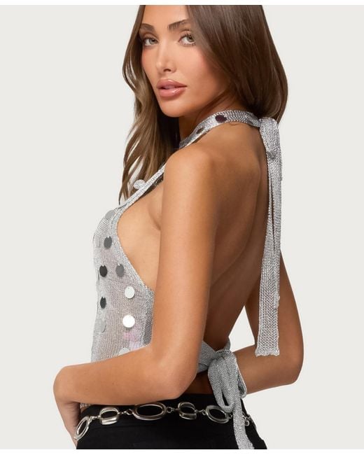 Edikted Gray Shiny Sequin Backless Halter Top