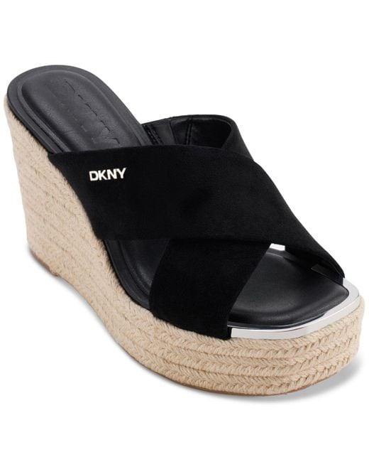 DKNY Black Maryn Crossband Espadrille Platform Wedge Sandals