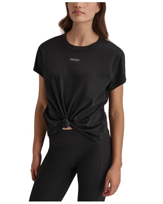 DKNY Black Sport Cotton Stud Logo Knot-front T-shirt