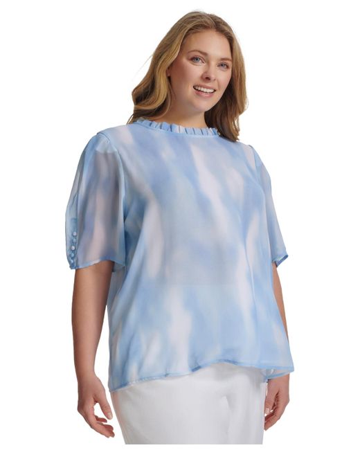 Calvin Klein Blue Plus Size Printed Ruffle-trim Short-sleeve Blouse