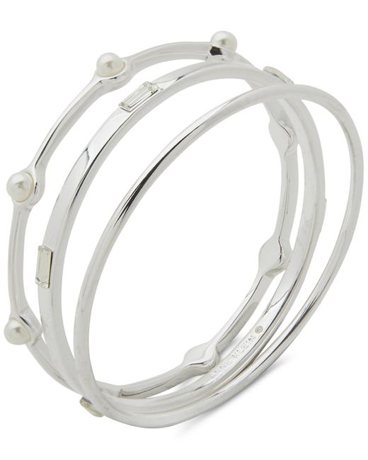 Anne Klein White Silver-tone 3-pc. Set Crystal & Imitation Bangle Bracelets
