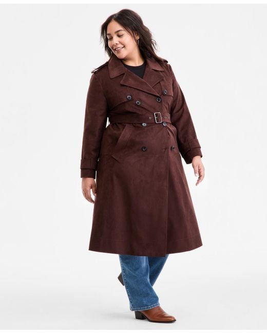 BCBGMAXAZRIA Red Plus Size Double-breasted Faux-suede Belted Trench Coat
