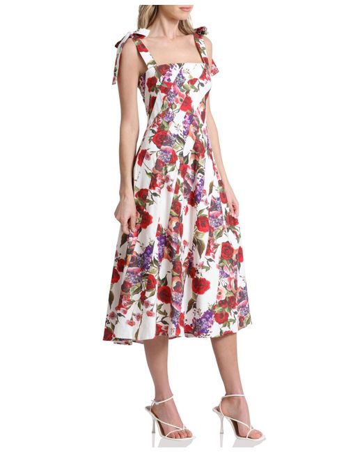 Avec Les Filles White Linen-blend Floral-print Fit & Flare Dress