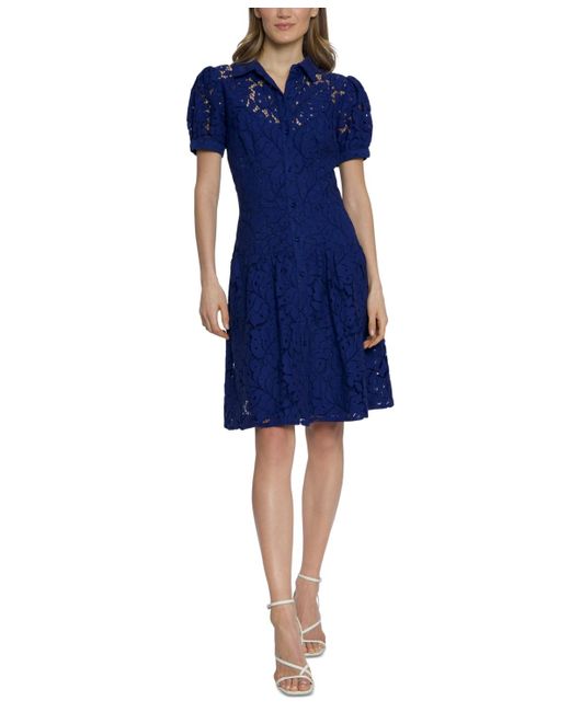 Maggy London Blue Floral-lace Puff-sleeve Shirtdress