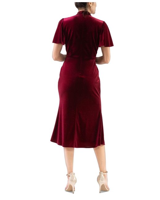 Julia Jordan Red Velvet Mock-neck Flutter-sleeve Dress