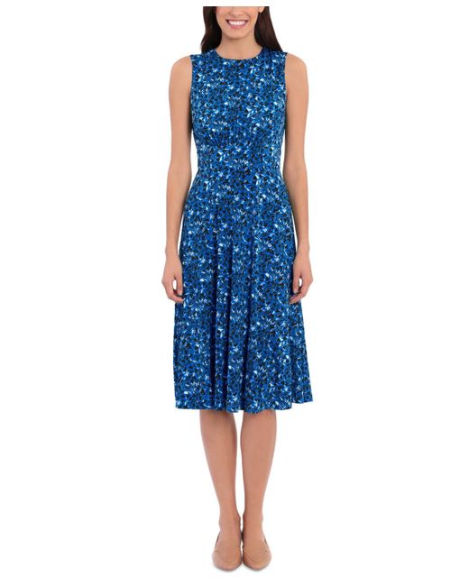 London Times Blue Printed Fit & Flare Dress