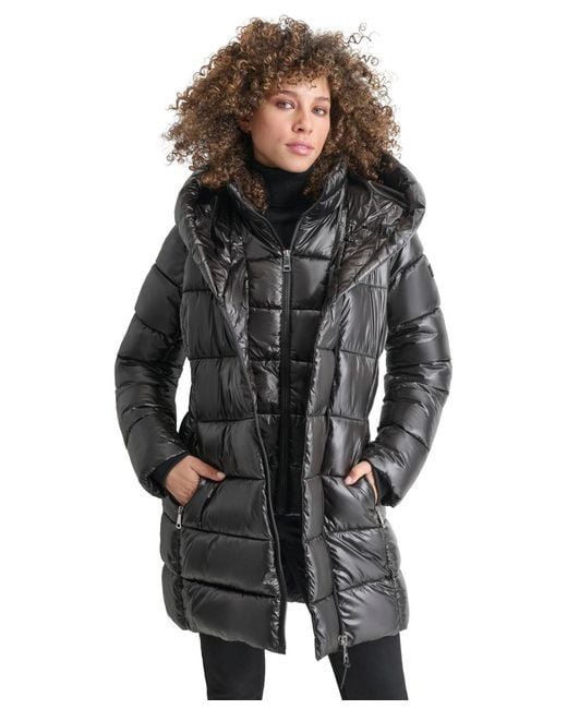 DKNY Bibbed Shawl-collar Packable Shine Puffer Coat in Black | Lyst