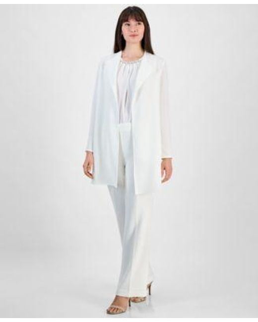 Kasper White Shell Top Wide Leg Pants Open Front Jacket