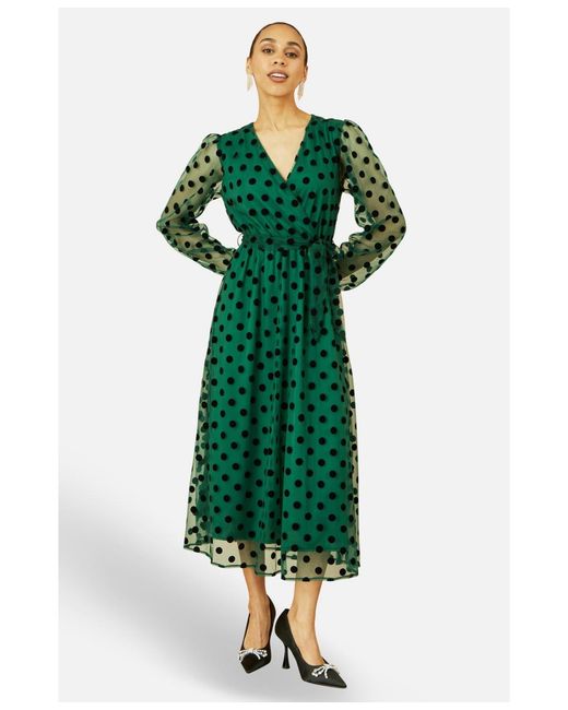 Yumi' Green Spot Mesh Wrap Midi Skater Dress