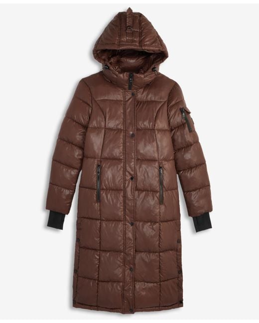 Steve Madden Brown Shiny Hooded Maxi Puffer Coat