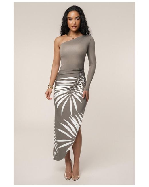 JLUXLABEL Natural One Shoulder Palm Print Dress
