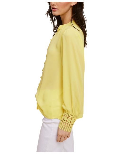 Fever Yellow Solid Soft Crepe Blouse With Lace Cuff