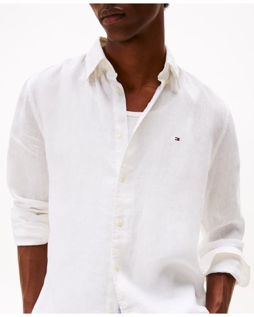 Tommy Hilfiger White Pigment-dyed Linen Button-down Long Sleeve Shirt for men