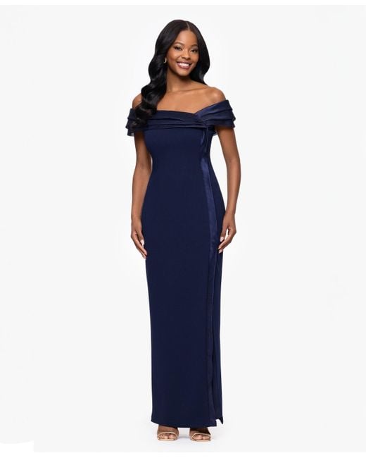 Betsy & Adam Blue Organza Off-the-shoulder Dress