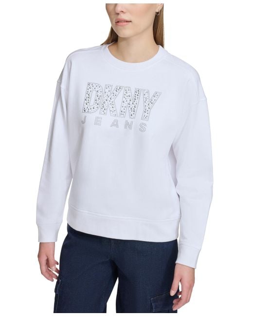 DKNY White Cotton Studded Logo Sweatshirt