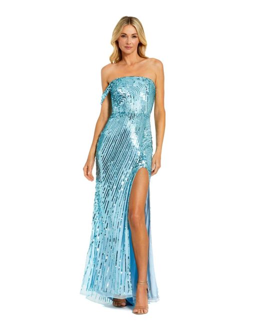 Mac Duggal Blue One Shoulder Mesh Sequin Gown With Slit