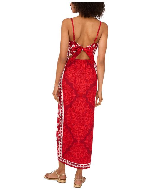 1.STATE Red Cotton Printed Twist-front Maxi Dress