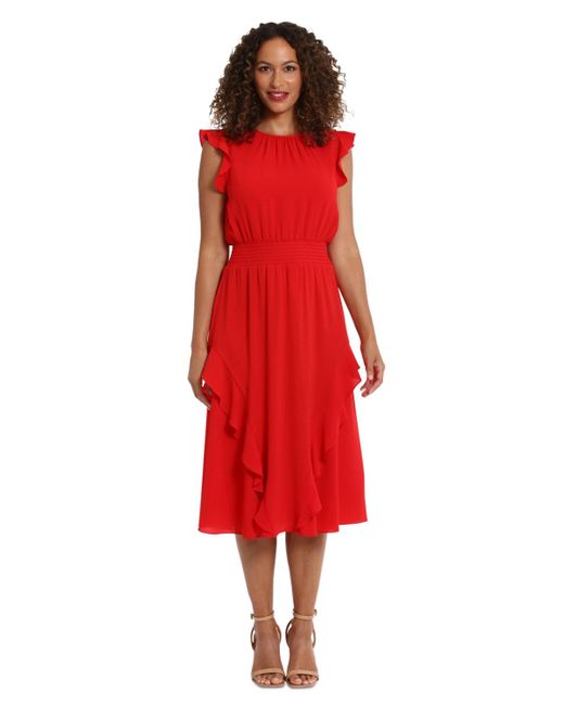 London Times Red Smocked-waist Ruffle Midi Dress