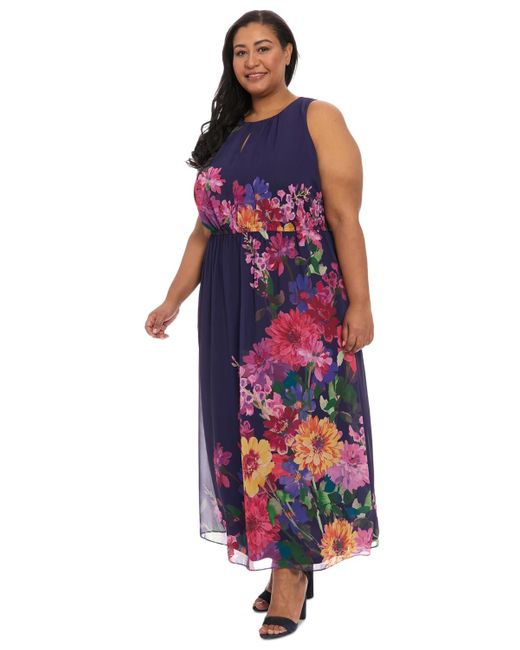 London Times Blue Plus Size Placement-print Maxi Dress
