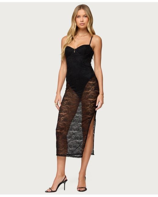 Edikted Black Sheer Lace Built In Bodysuit Midi Dress