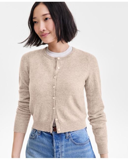 Charter Club Women's Natural 100% Cashmere Crewneck Cardigan