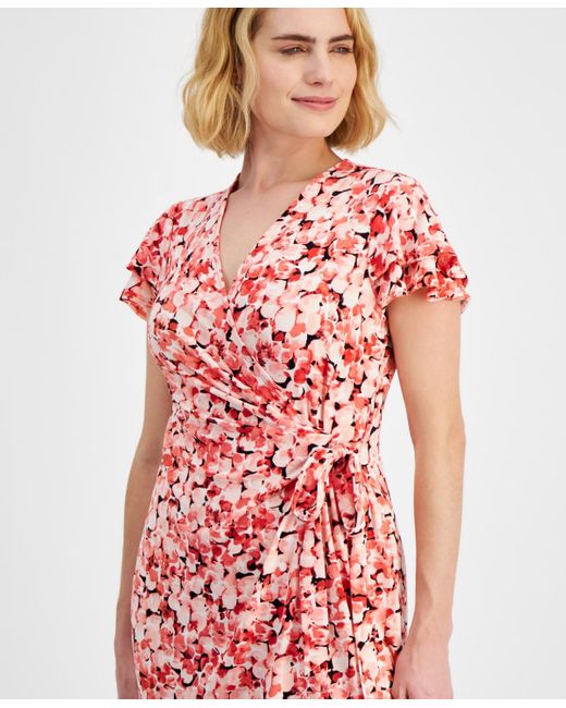 Anne Klein Red Petite Printed Flutter-sleeve Faux-wrap Dress