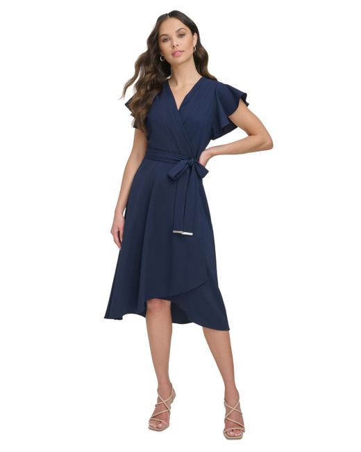DKNY Blue Flutter-sleeve Tie-waist Faux-wrap Dress