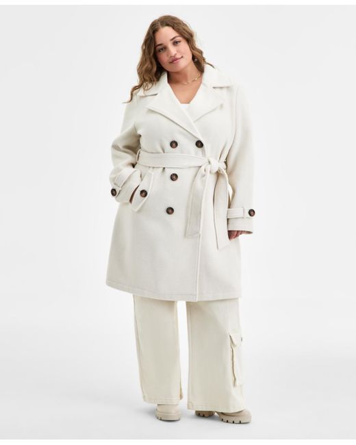 Steve Madden White Plus Size Double-breasted Belted Trench Coat